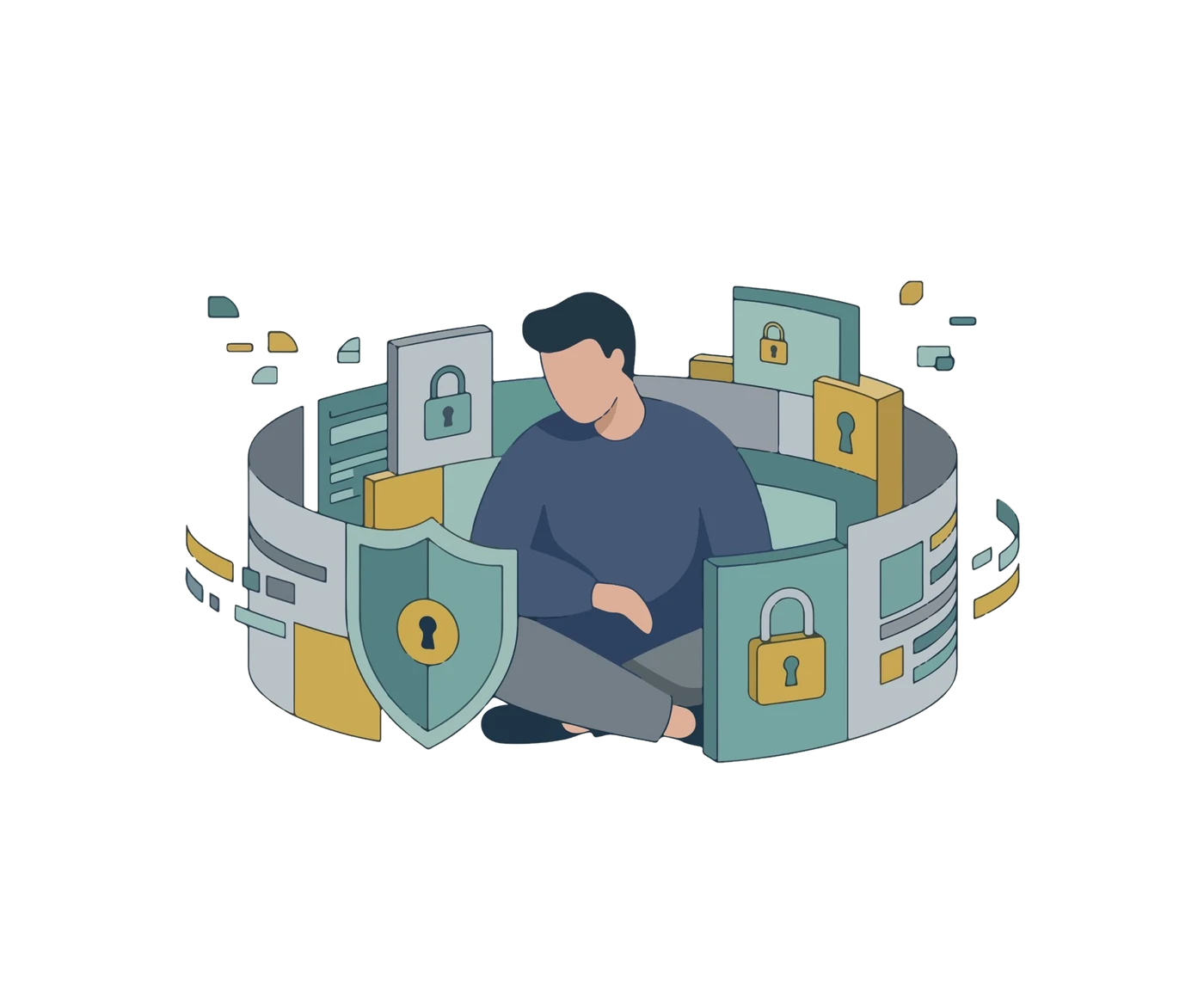 Collaborateur entouré de protections numériques et de verrous